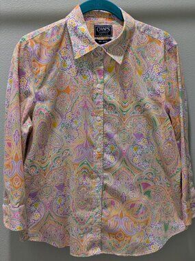 Chaps No-Iron Cotton Women's Blouse Pastel Paisley 3/4 Sleeve Button-Up Petite L